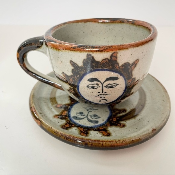 Tonala Sun Motif Cup and Saucer Mexican Pottery set of 2 - Picture 3 of 12